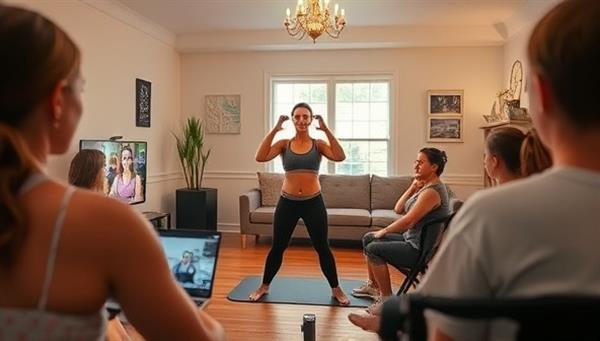 An energetic fitness instructor leading a live streaming workout session, with participants following along from their homes and interacting virtually, capturing the sense of community and active engagement within the FitFlow Live network.