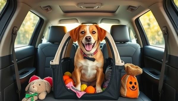 An endearing image of a pet-friendly vehicle interior with a happy dog sitting in a comfortable pet carrier, surrounded by pet toys and treats, illustrating the safety and comfort provided by RoverRide pet transportation services.