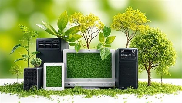 An artistic representation of electronic devices being transformed into vibrant green plants and trees, symbolizing the eco-friendly and sustainable approach of ReTech Renew in recycling tech products and contributing to environmental conservation.