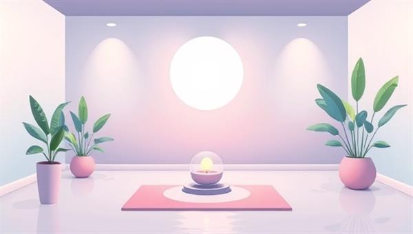 An illustration of a tranquil meditation space with calming colors, soft lighting, and serene nature elements like plants and water, evoking a sense of peace and relaxation for a mindful meditation experience, promoting emotional well-being and mental clarity.