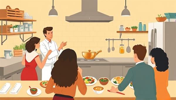 An illustrated kitchen setting with chefs conducting a virtual cooking class, participants following along with ingredients and utensils, an interactive chat feature for questions and feedback, and a warm, inviting atmosphere that captures the essence of a communal cooking experience in a digital space.