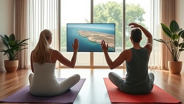 An inspiring image of a remote wellness coach leading a virtual yoga session with clients in different locations, creating a sense of connection and well-being across distances.