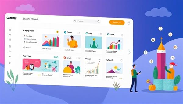 An illustration of a digital platform interface showcasing various investment opportunities with colorful graphics and icons, inviting users to explore and invest in innovative projects, conveying accessibility and diversity in investments.