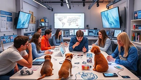 A bustling innovation lab scene with tech enthusiasts, designers, and pets interacting with futuristic gadgets and prototypes, surrounded by screens displaying pet tech concepts and brainstorming sessions, embodying the collaborative and cutting-edge spirit of TechPet Innovations Lab in revolutionizing the pet industry.