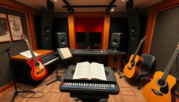 An immersive digital music studio setup with musical instruments, sheet music, and audio recording equipment, depicting a professional and engaging environment for virtual music lessons and practice sessions, inspiring creativity.