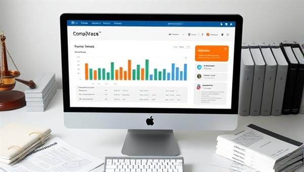 A computer screen displaying the ComplyEase dashboard with compliance status indicators, automated reporting features, and a user-friendly interface, surrounded by legal documents and compliance manuals, symbolizing efficiency and ease in regulatory compliance management.