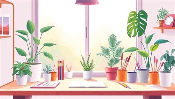 An artistic digital illustration capturing the essence of mindfulness and creativity, featuring a serene workspace with art supplies, plants, and calming colors, evoking a sense of peace, inspiration, and emotional well-being for creatives.
