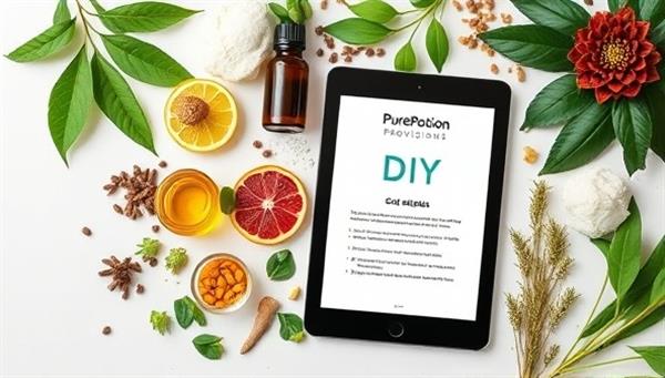 An aesthetically pleasing flat lay of natural skincare ingredients like oils, herbs, and plant extracts, arranged in a visually appealing pattern next to a tablet displaying a DIY skincare recipe, evoking a sense of natural beauty and wellness associated with PurePotion Provisions.