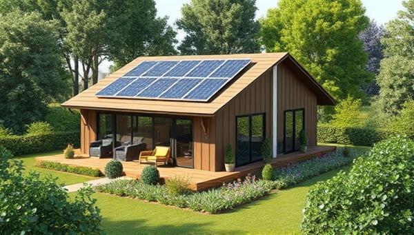 A visually stunning rendering of a modular home surrounded by lush greenery, solar panels on the roof, and large windows letting in natural light, emphasizing eco-friendly design and modern aesthetics.