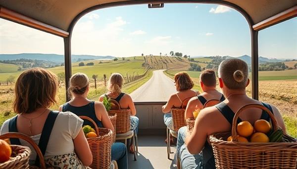 An idyllic image of a group of passengers enjoying a scenic ride through picturesque countryside landscapes in the HarvestRide Shuttle, with baskets of fresh produce and artisanal products onboard, capturing the essence of culinary exploration and rural charm.