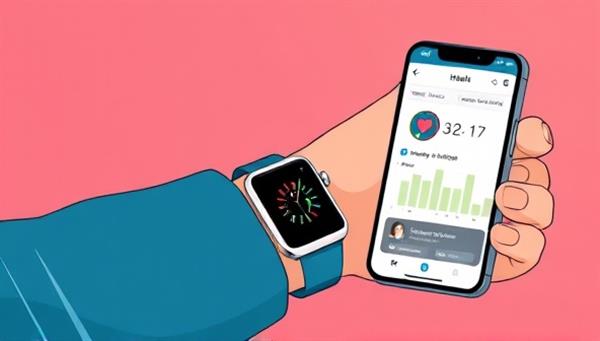 An illustration of a person wearing a smartwatch, with a smartphone displaying health data charts and notifications, symbolizing remote health monitoring and data-driven insights.