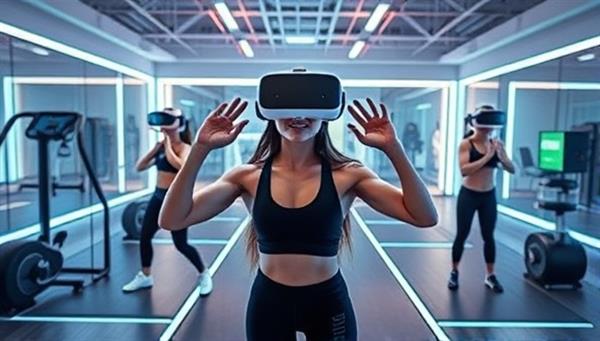 An engaging VR fitness environment showcasing users in virtual workout settings with futuristic fitness equipment and motivational virtual trainers, creating an immersive and dynamic fitness atmosphere.