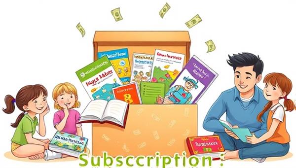 An illustration of a colorful subscription box filled with financial literacy materials such as board games, activity books, and play money, surrounded by happy children and adults engaging in learning activities together, conveying a sense of fun and education.
