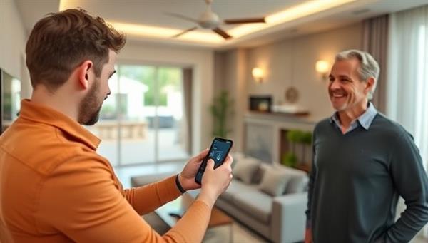 A professional installer setting up a smart thermostat in a modern living room, with a smartphone in hand and a satisfied homeowner looking on, highlighting the ease and sophistication of smart home technology.