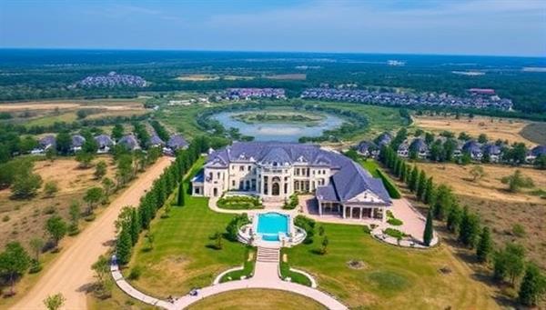 A breathtaking aerial photo of a luxurious property captured by a drone, showcasing the sprawling estate, landscape features, and architectural details from a unique and elevated perspective, highlighting the visual impact of SkyView Estates