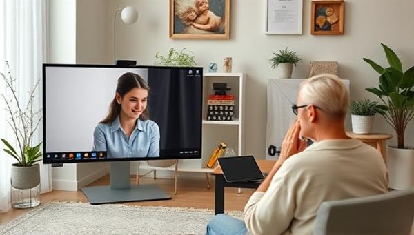 An online therapy session scene with a therapist providing compassionate guidance to a client, both visible on screens, surrounded by peaceful decor and calming elements, reflecting the supportive and professional atmosphere of MindMeld Therapy.