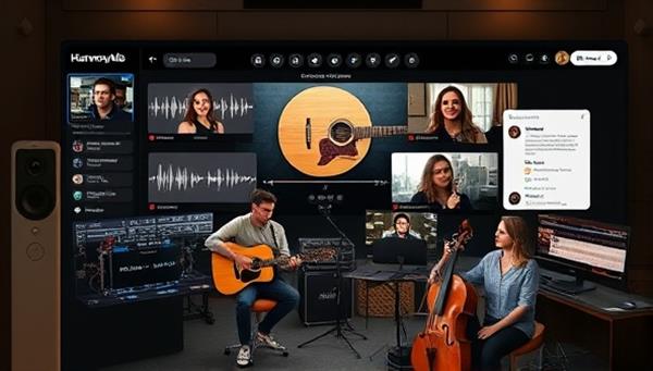 An online music studio interface displaying a group of musicians from different parts of the world collaborating on a music project, sharing audio tracks, adding virtual instruments, and communicating through text and video chat, highlighting the creative and collaborative essence of HarmonyHub Connect.
