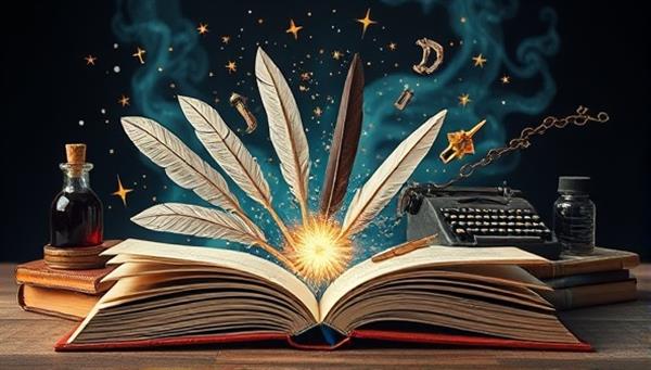 An artistic representation of a magical book opening to reveal a burst of creative writing elements, such as quills, ink bottles, typewriters, and literary symbols, evoking a sense of inspiration and storytelling magic.