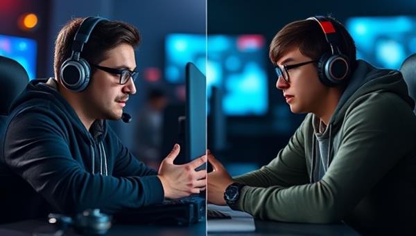 A split-screen image showing a coach giving live feedback to a gamer during a intense gaming session, with a focus on the expressions of concentration and improvement, creating a dynamic and engaging coaching environment.