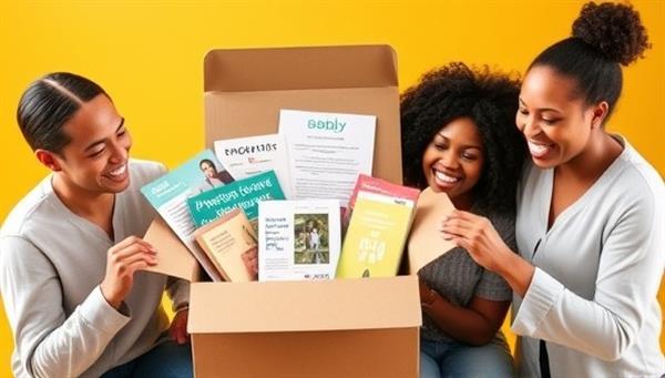 An appealing and colorful subscription box filled with financial literacy materials, money-saving tips, and interactive tools, surrounded by happy and motivated individuals exploring the contents, symbolizing financial empowerment and learning.