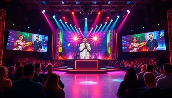 An exciting virtual talent show stage set with colorful lights, digital screens displaying contestant performances, a buzzing virtual audience, and a panel of judges, capturing the electrifying atmosphere of a live talent competition in a digital realm.