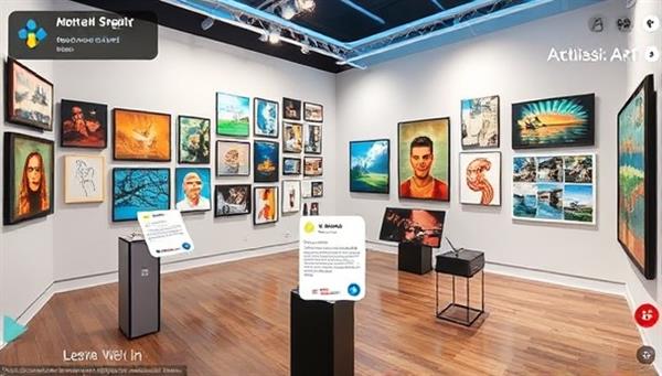 A digital art gallery scene featuring a diverse collection of artworks displayed in a virtual gallery space with interactive elements, artist information pop-ups, and immersive art visuals, showcasing the creative and innovative approach to experiencing art in a digital realm, inviting visitors to explore and engage with art in a dynamic virtual setting.