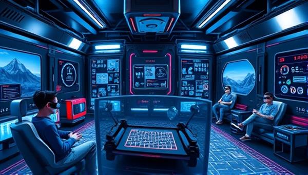 A futuristic virtual reality escape room setting with intricate puzzles, digital clues, and interactive elements, surrounded by a team of animated avatars working together to solve challenges, creating an engaging and thrilling atmosphere.