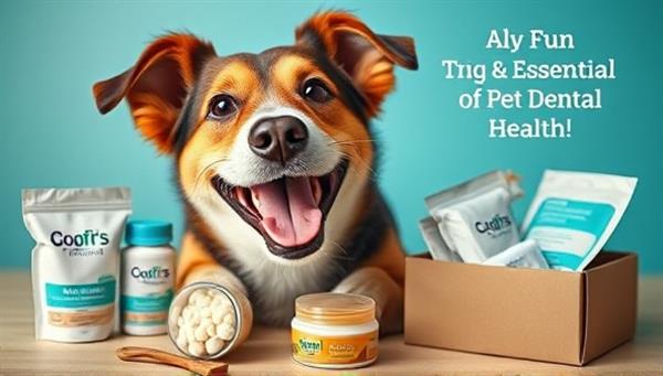 An eye-catching image of a pet joyfully chewing on a dental treat, with a bright, clean smile, surrounded by dental care products and a subscription box, highlighting the fun and essential nature of pet dental health care.