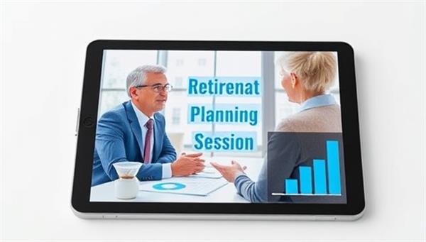 A virtual pension planning session displayed on a tablet screen, featuring a financial advisor discussing retirement options with a client, surrounded by visuals of retirement calculators and investment charts, symbolizing financial security and peace of mind in retirement.