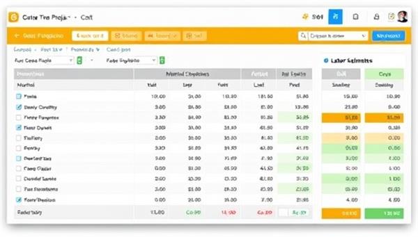 A digital visualization of a construction project estimation software interface, displaying detailed cost breakdowns, material quantities, and labor estimates for a building project, with interactive features for customization and real-time updates, conveying precision and efficiency in project planning.