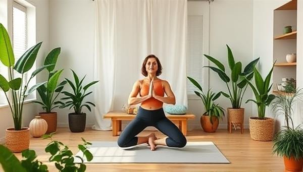 An inviting virtual wellness studio with a health coach leading a yoga session, surrounded by plants, essential oils, and calming decor, creating a tranquil and rejuvenating space for fitness and mindfulness practices.