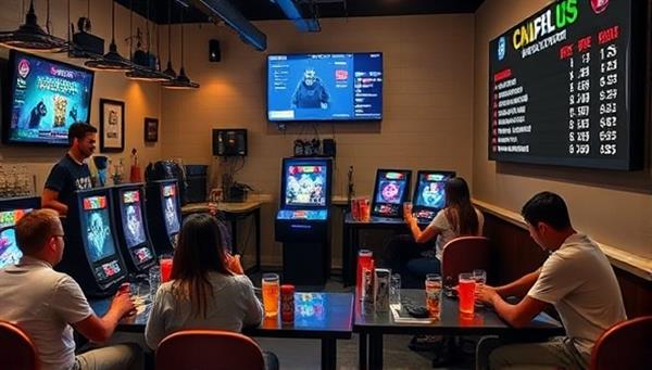 A cozy cafe setting with gaming stations, players engaged in skill-based challenges, a barista serving drinks, and a leaderboard displaying top scores and betting odds, illustrating the social and competitive atmosphere of the cafe.