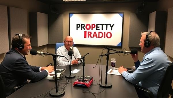 A studio setup with microphones, soundproof panels, and recording equipment, capturing the dynamic atmosphere of podcast production at Property Talk Radio, with hosts engaging in lively discussions and interviews with industry experts.