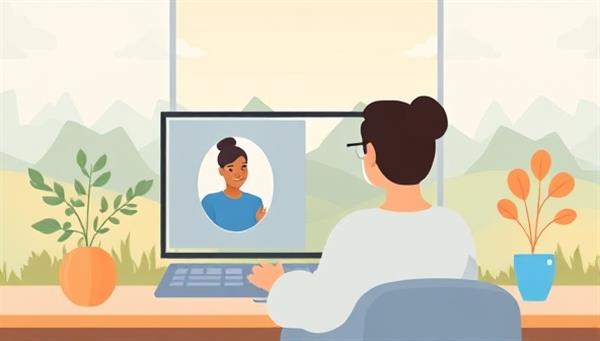 A serene digital illustration depicting a person engaging in an online therapy session with a counselor, showing a virtual background of calming nature scenes and dialogue boxes indicating supportive conversations.