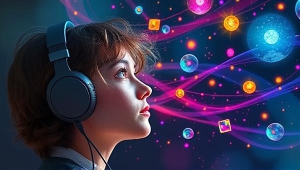 An artistic visualization of a person listening to a personalized audio story on headphones, with colorful sound waves and imaginative elements surrounding them, evoking the enchanting and immersive nature of the personalized storytelling experience.