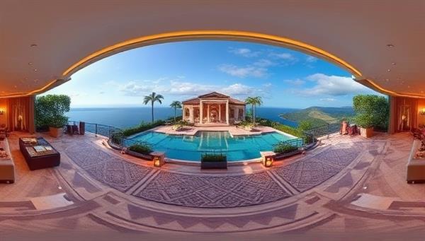 An immersive virtual tour experience showcasing a panoramic view of a luxury property being auctioned, highlighting key features and selling points to attract potential bidders and investors.