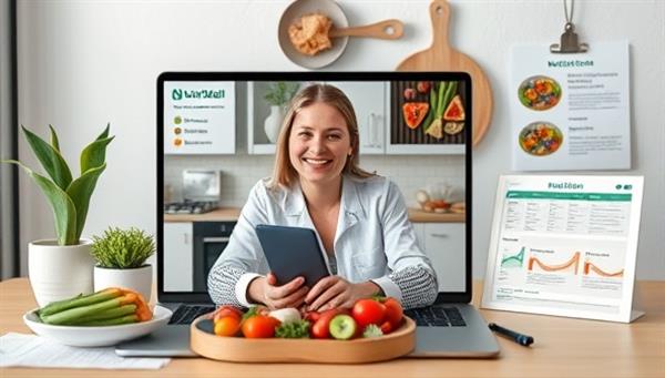 An engaging visual representation of a virtual nutrition session with a nutritionist discussing meal plans, dietary recommendations, and wellness tips with a client through a video call, accompanied by healthy food imagery and nutritional charts, conveying a sense of guidance and support from NutriWell.