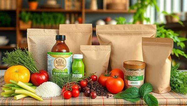 An assortment of eco-friendly food packaging materials displayed alongside fresh produce and culinary herbs, with a farm-to-table restaurant setting in the background, emphasizing the natural and sustainable aspects of the packaging products.