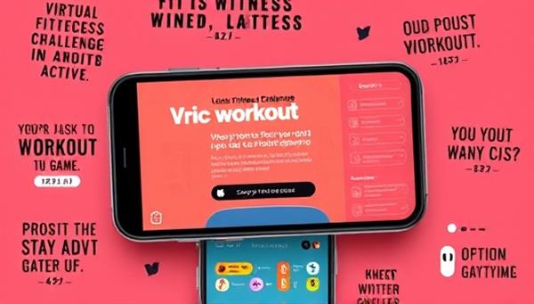 An interactive mobile screen displaying a virtual fitness challenge where the user completes workout tasks to progress in the game, surrounded by motivational fitness quotes and progress trackers, inspiring users to stay active.