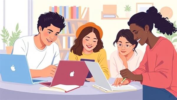 A digital illustration of diverse students studying together virtually on laptops, exchanging study notes and discussing academic topics in a vibrant online study environment.