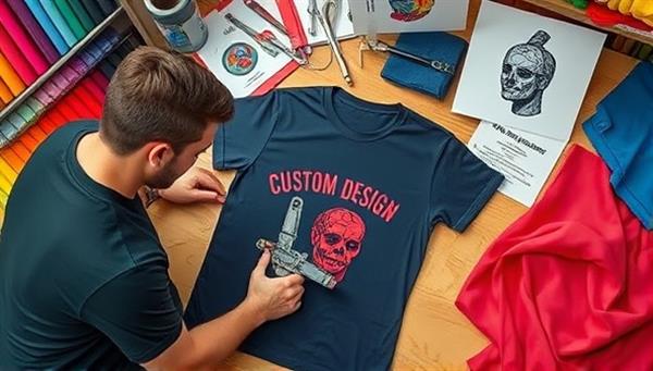 An artist screen printing a custom design onto a t-shirt, surrounded by vibrant colors, fabric swatches, and design mockups, showcasing the fusion of creativity, artistry, and personal expression in custom apparel manufacturing.