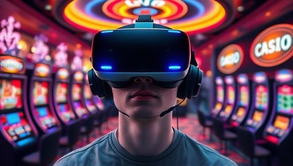 A futuristic and visually stunning image of a person wearing a VR headset, surrounded by digital casino elements like slot machines, poker tables, and neon lights, capturing the essence of a virtual casino experience.