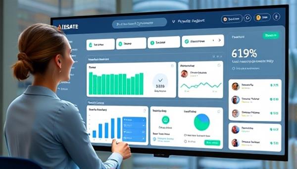 An AI-powered virtual assistant managing property tasks on a digital dashboard, coordinating maintenance requests, rental payments, and tenant communications, demonstrating the efficiency and automation capabilities of the AIestate Manager platform.