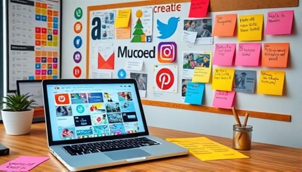 A digital workspace with a laptop showing various social media platforms, a creative mood board, and vibrant post-it notes with social media strategies, reflecting a dynamic and organized approach to social media management.
