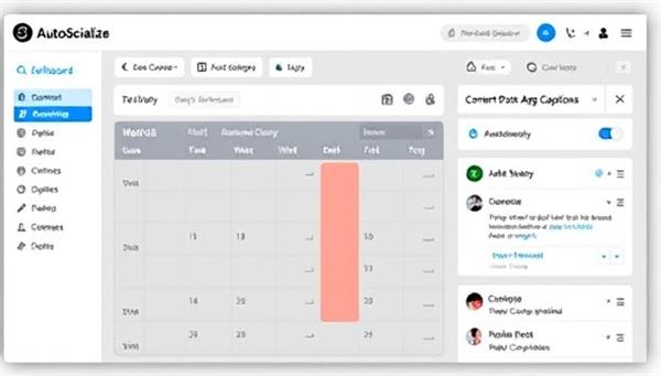 A modern dashboard interface of AutoSocialize displaying a content calendar with scheduled posts, engagement metrics, and a content creation tool generating social media posts, hashtags, and captions automatically, simplifying social media management.