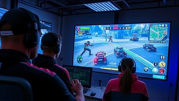 A virtual esports training session in progress, featuring a coach guiding players through gameplay tactics and strategies on a digital screen, with professional equipment and intense focus, highlighting the competitive and immersive training environment at Elevate Esports Academy.