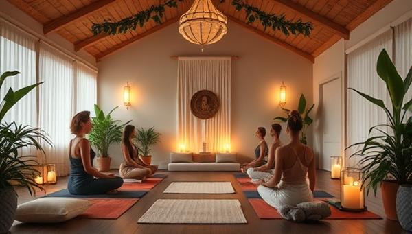 A tranquil meditation studio adorned with soft lighting, cushions, and calming decor, with individuals meditating in various poses, surrounded by lush greenery and serene nature elements, evoking a sense of peace and relaxation.