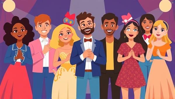 An animated graphic featuring a diverse group of performers showcasing various talents, such as singing, dancing, and magic tricks, symbolizing the inclusive and diverse nature of the online talent show platform.