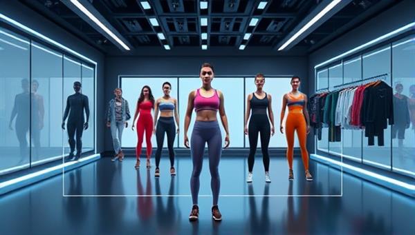 An interactive digital display showcasing a virtual avatar trying on different workout outfits in a futuristic fitness studio setting, emphasizing the innovative and personalized virtual fitting experience offered by FitFlex Virtual Wardrobe.