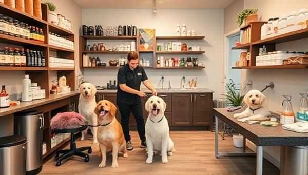 A cozy and stylish pet spa setting with furry clients enjoying pampering sessions, surrounded by shelves stocked with organic pet products, grooming tools, and wellness supplements, complemented by attentive staff providing personalized care, creating a serene and indulgent pet oasis.
